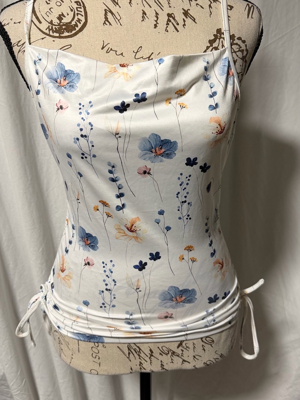 White Floral Cowl Neck Cami Top Cinch Side Drawstring Ruched Tank Size S